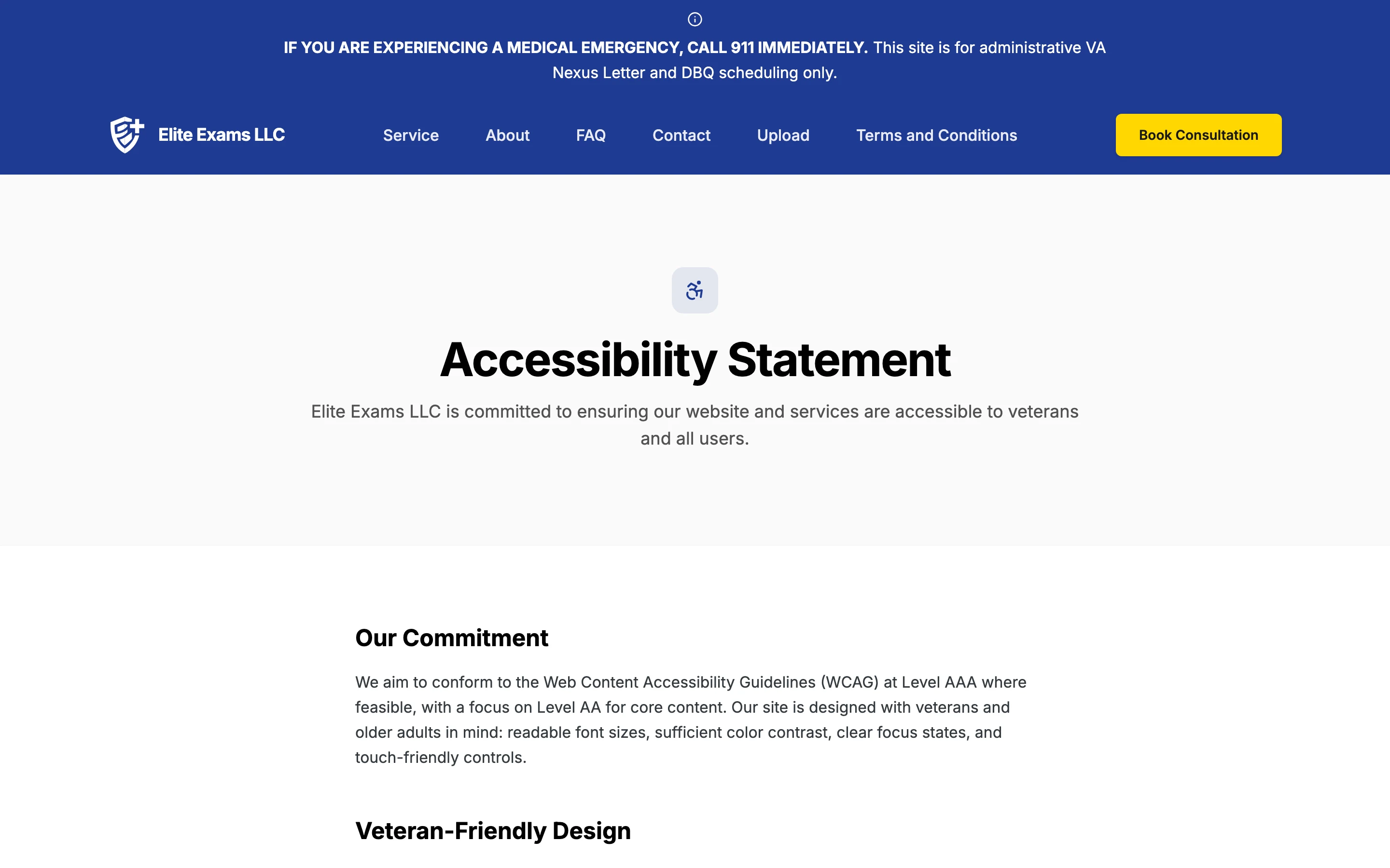 Elite Exams accessibility statement page describing its commitment to WCAG conformance for veterans and older adults