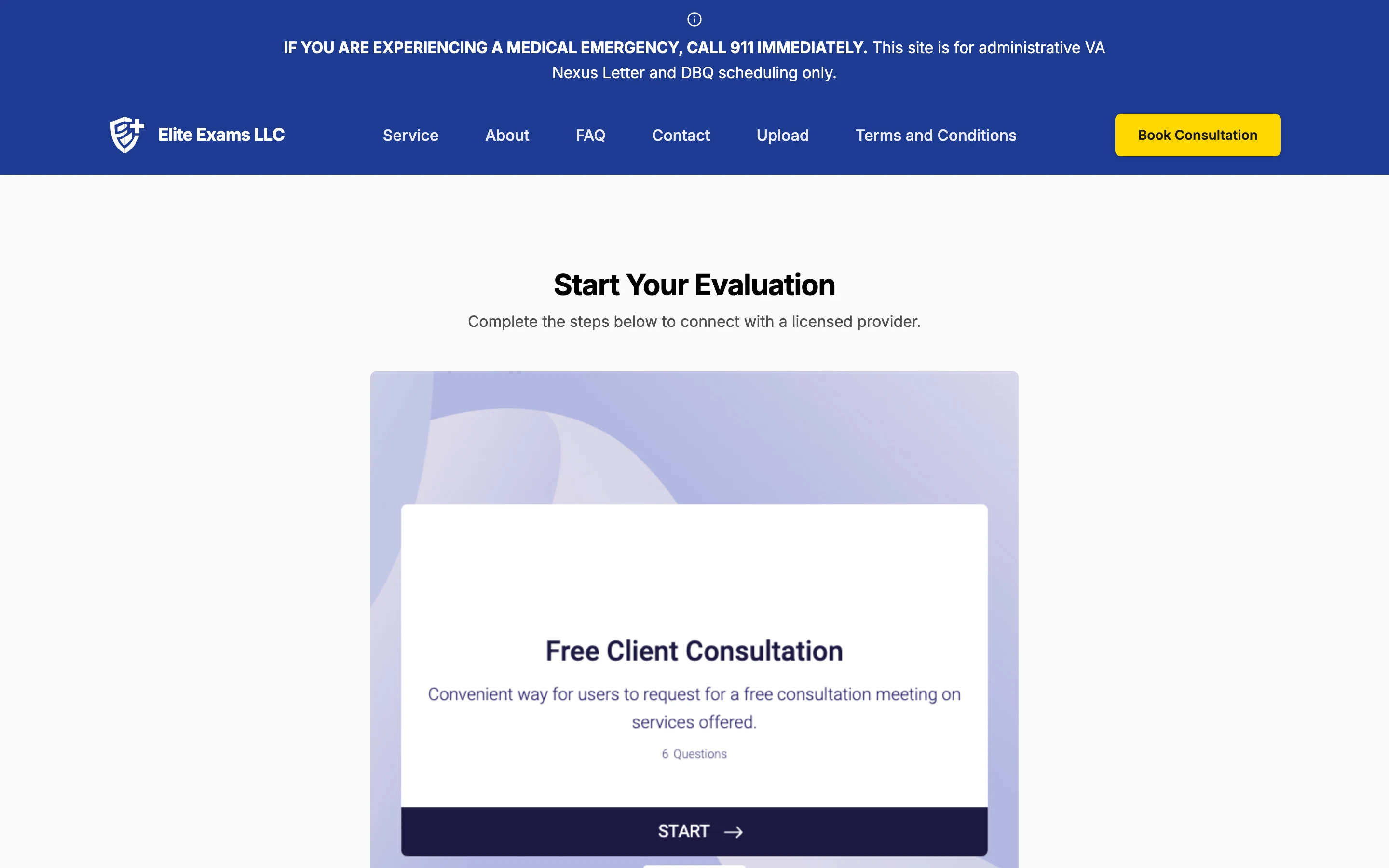 Elite Exams 'Start Your Evaluation' page with an embedded free client consultation intake form