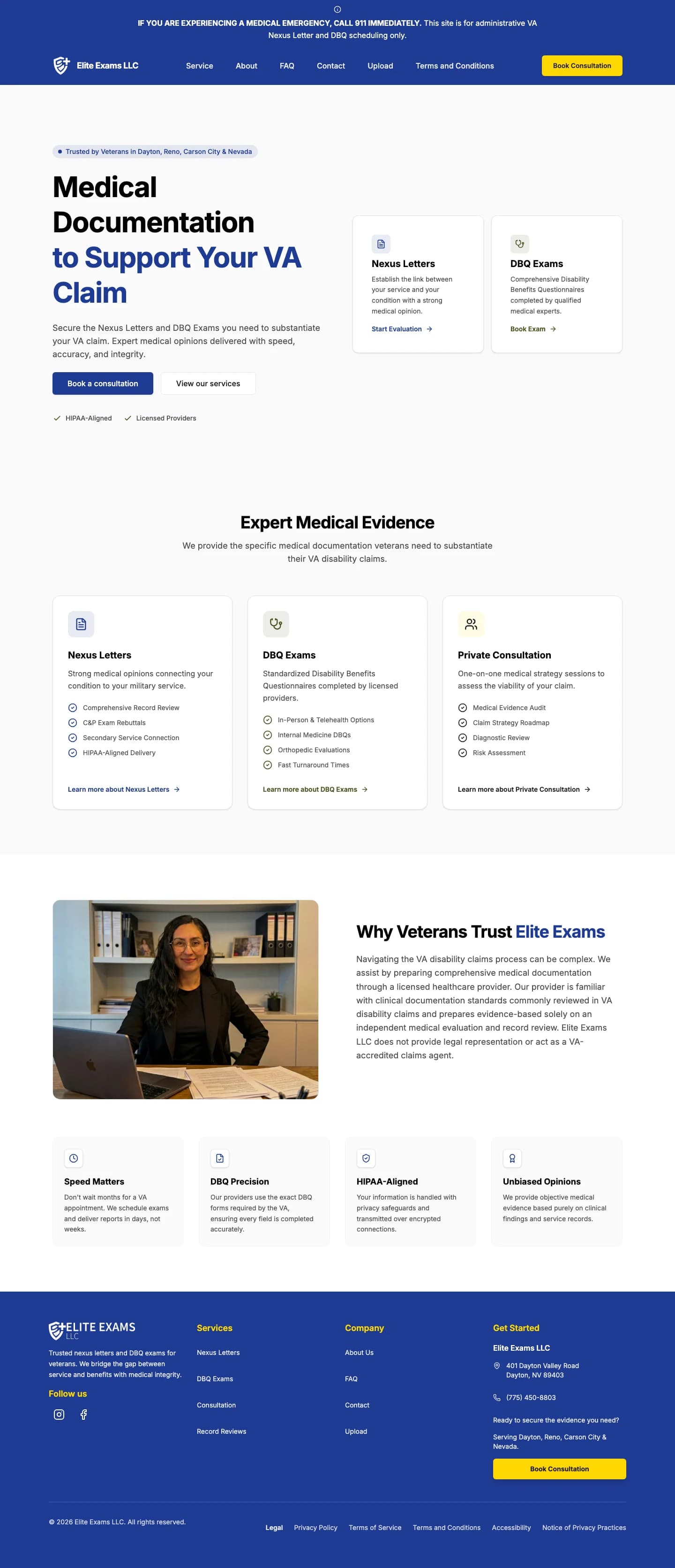 The full Elite Exams homepage: hero, services for Nexus letters, DBQ exams and private consultations, the founder's introduction, trust points, and a navy footer