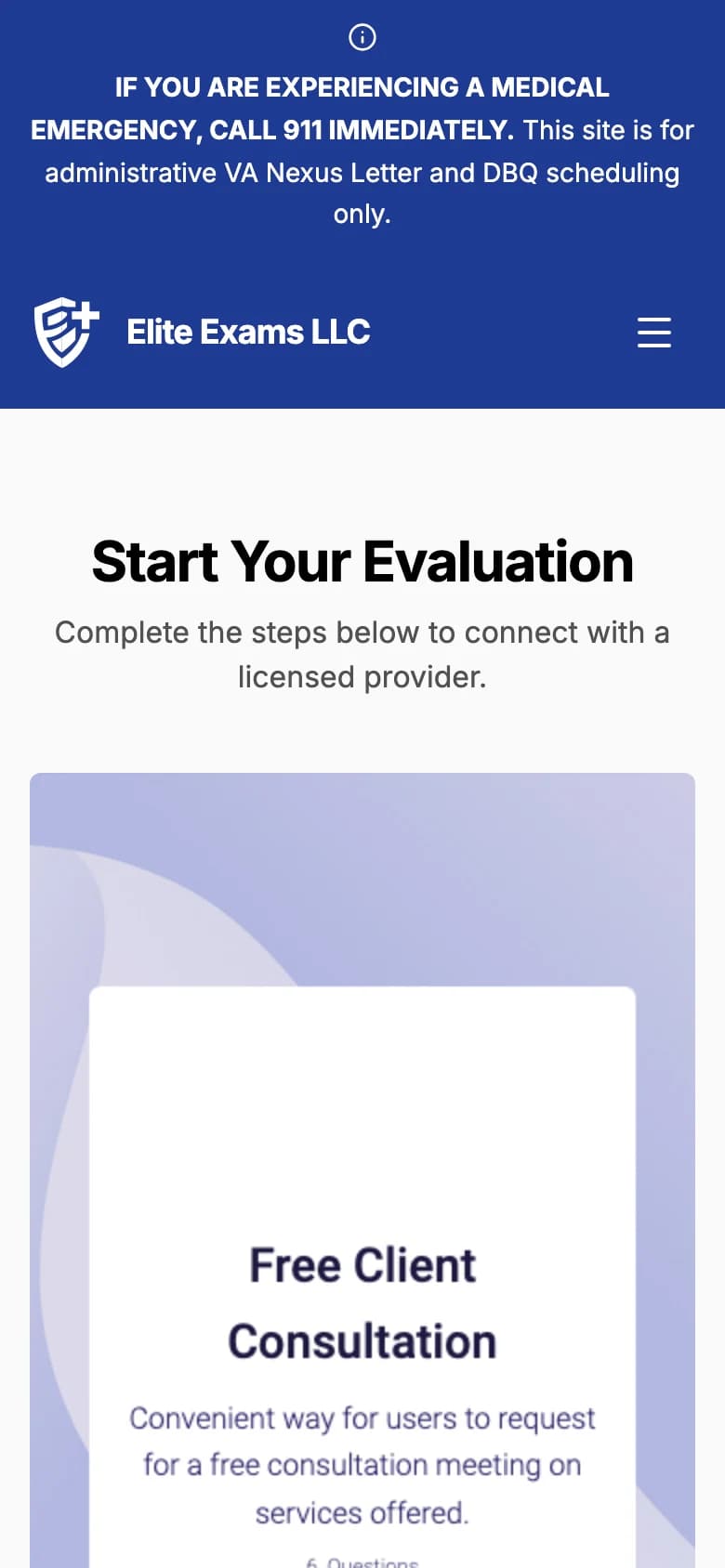 Elite Exams intake page on a phone