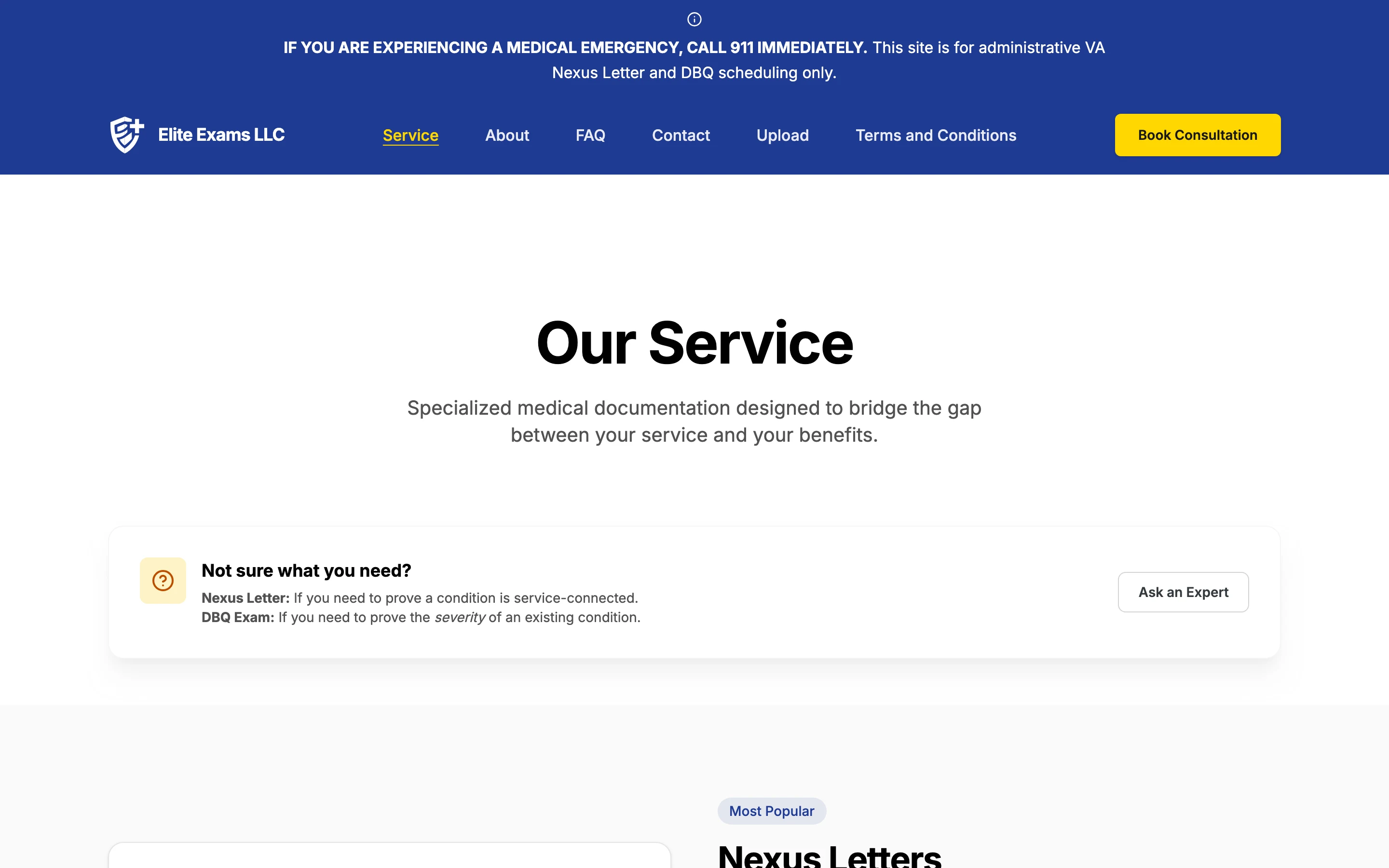 Elite Exams services page titled 'Our Service', with a helper card explaining when you need a Nexus letter versus a DBQ exam
