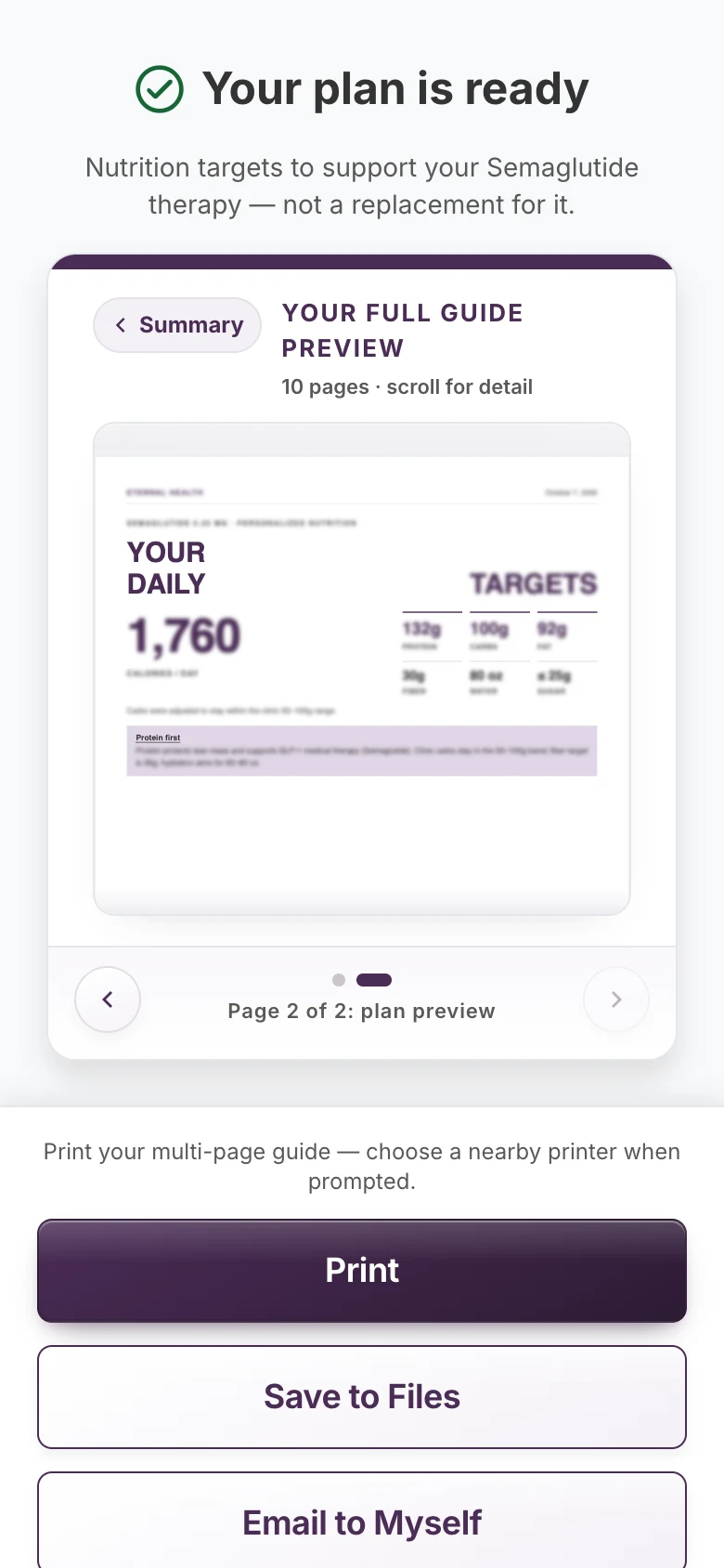 Plan preview carousel inside the results screen, showing page one of the PDF with its detail blurred, above the Print, Save to Files and Email to Myself buttons