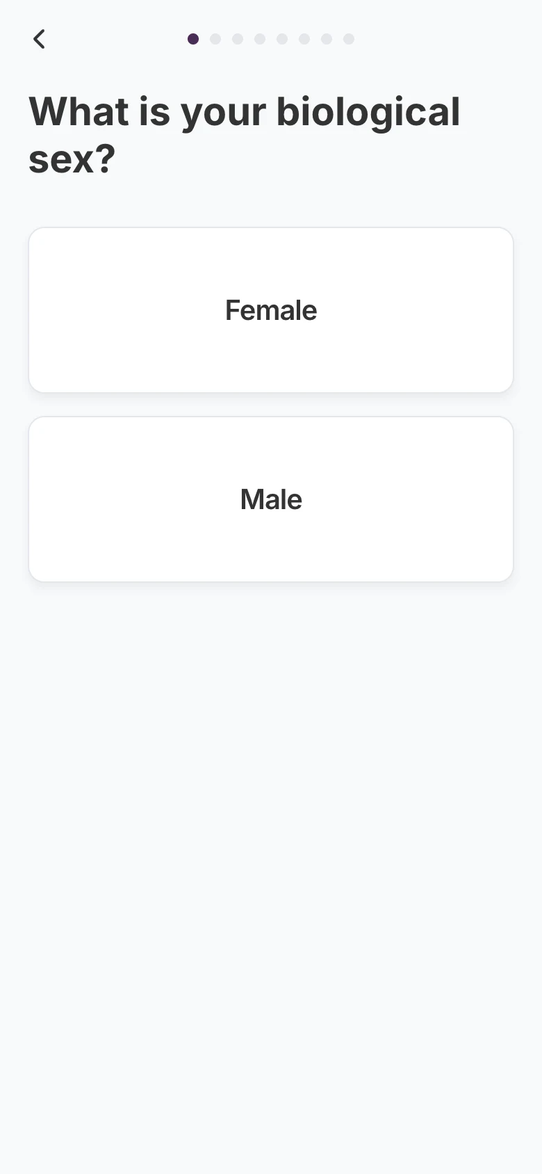 Question 1, 'What is your biological sex?', with large Female and Male cards
