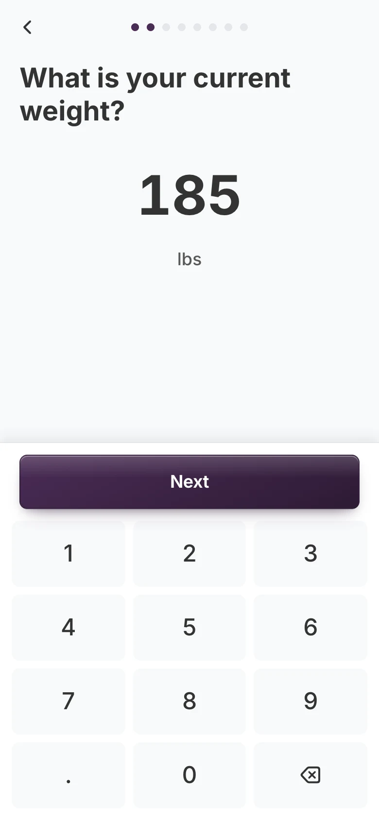 Question 2, 'What is your current weight?', showing 185 lbs above a custom number keypad