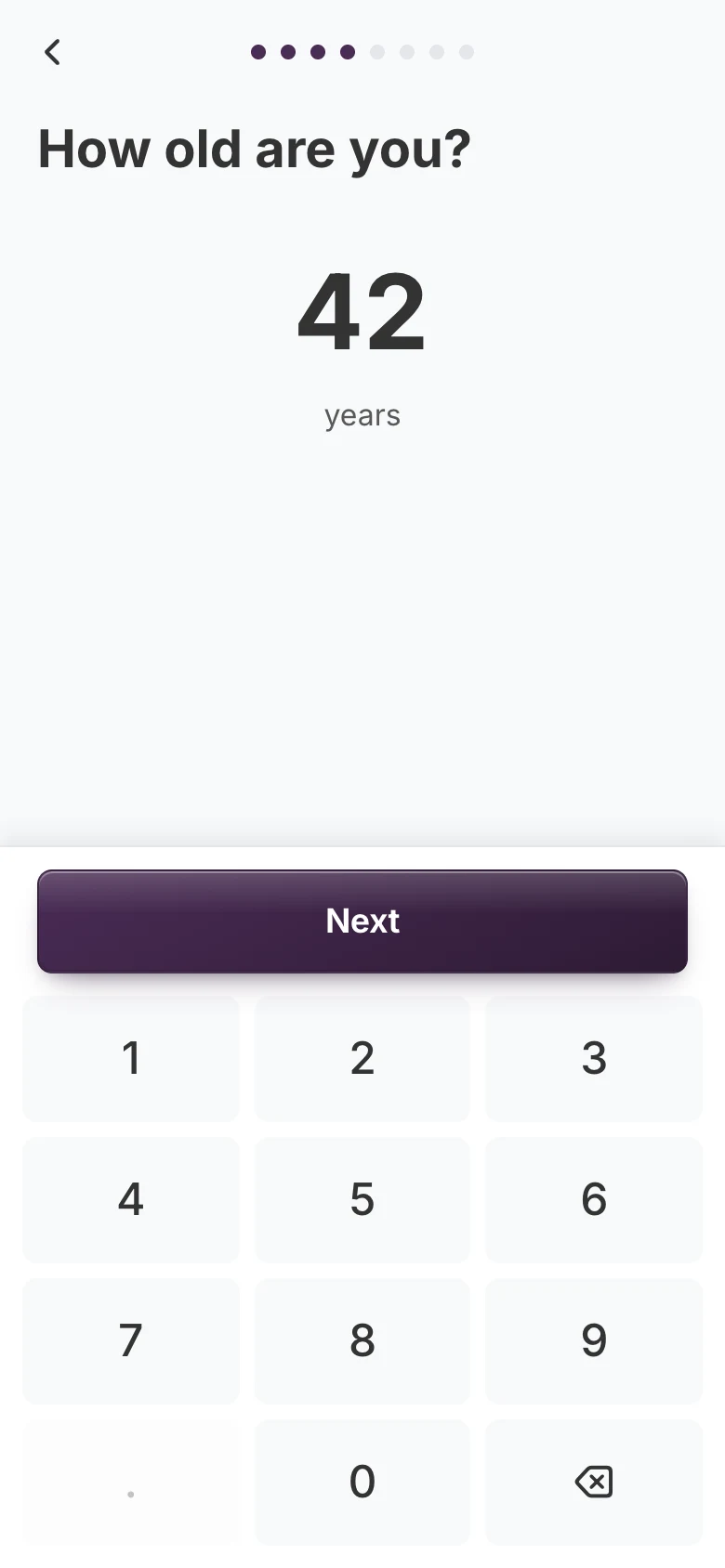 Question 4, age, showing 42 above the same custom keypad