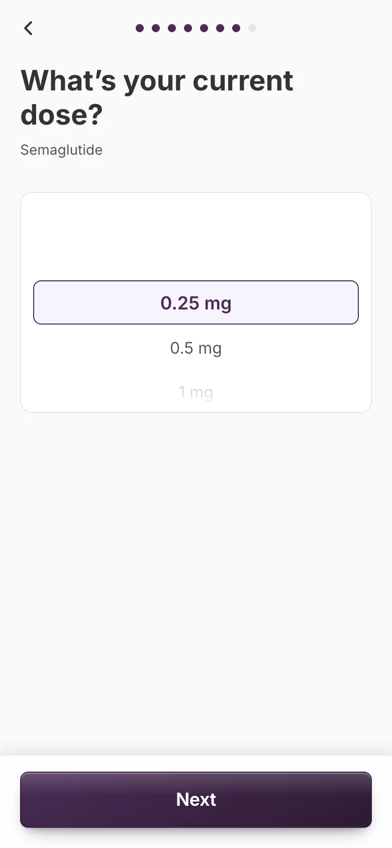 Question 7, 'What's your current dose?', with a dose wheel filtered to the chosen medication
