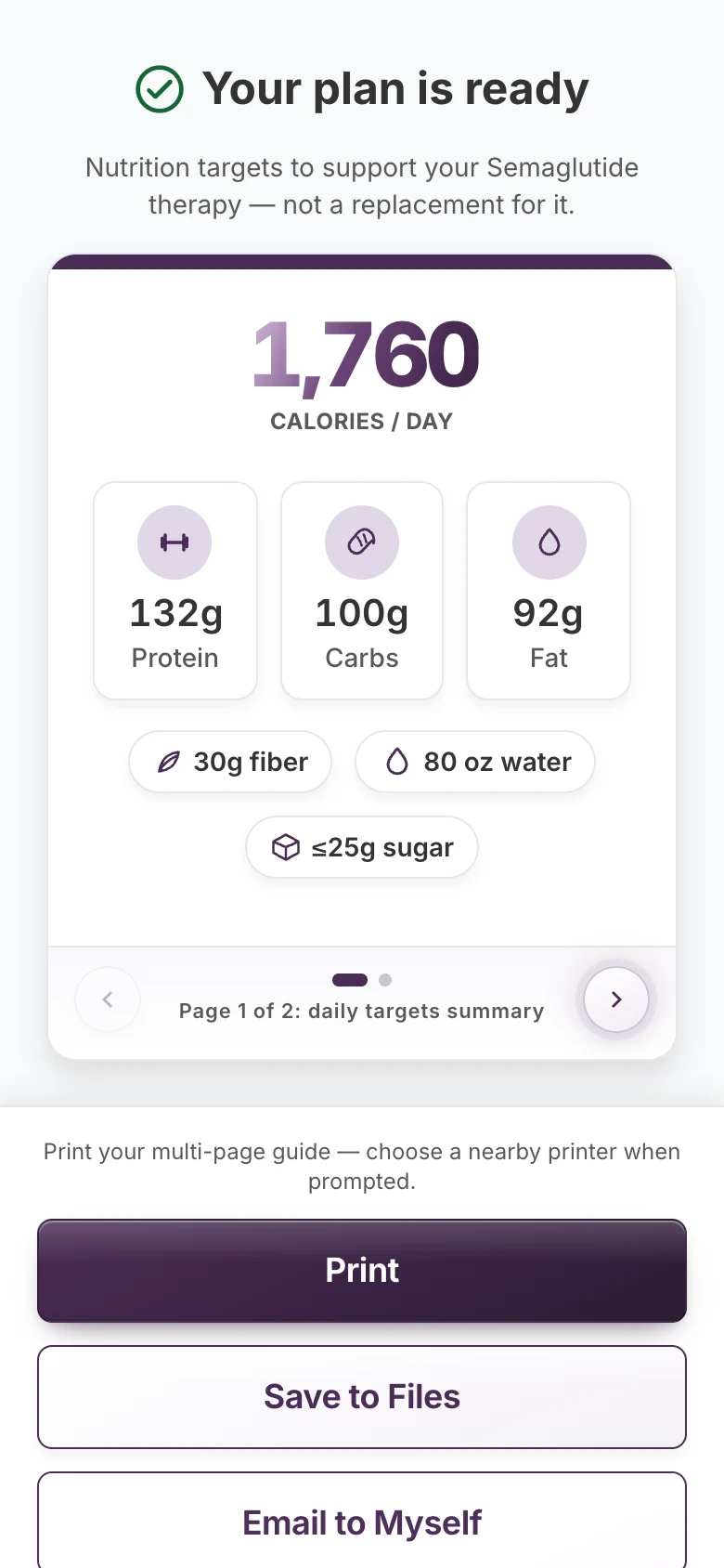 Results screen, 'Your plan is ready': daily calories, protein, carbs and fat cards, fiber, water and sugar pills, then Print, Save to Files and Email to Myself