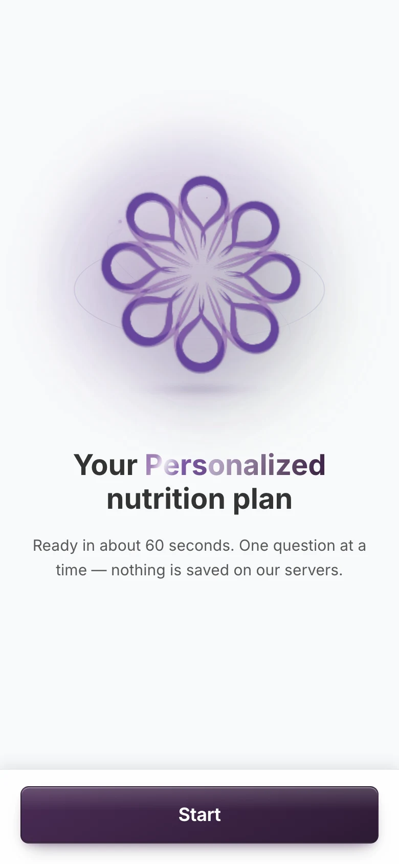 Welcome screen: the Eternal Health emblem, 'Your personalized nutrition plan', and a Start button