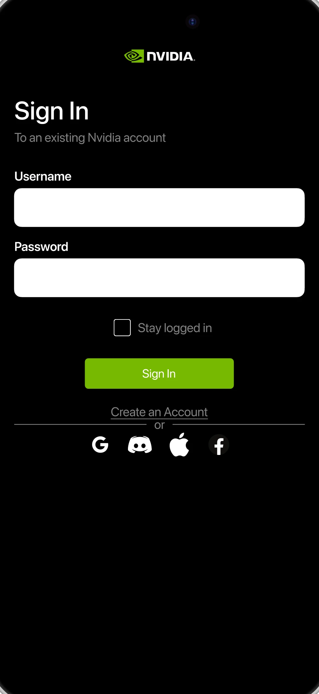 Sign-in screen with username and password fields, a green Sign In button and social sign-in options